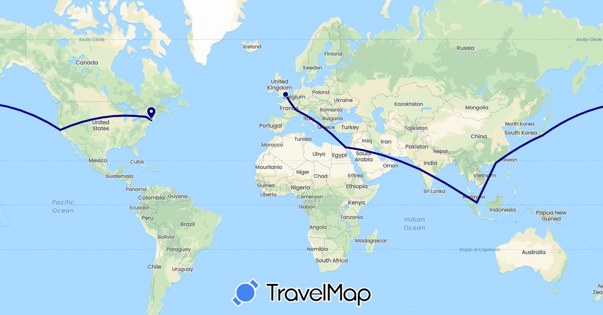 TravelMap itinerary: driving in China, Egypt, France, United Kingdom, India, Italy, Japan, Singapore, United States (Africa, Asia, Europe, North America)